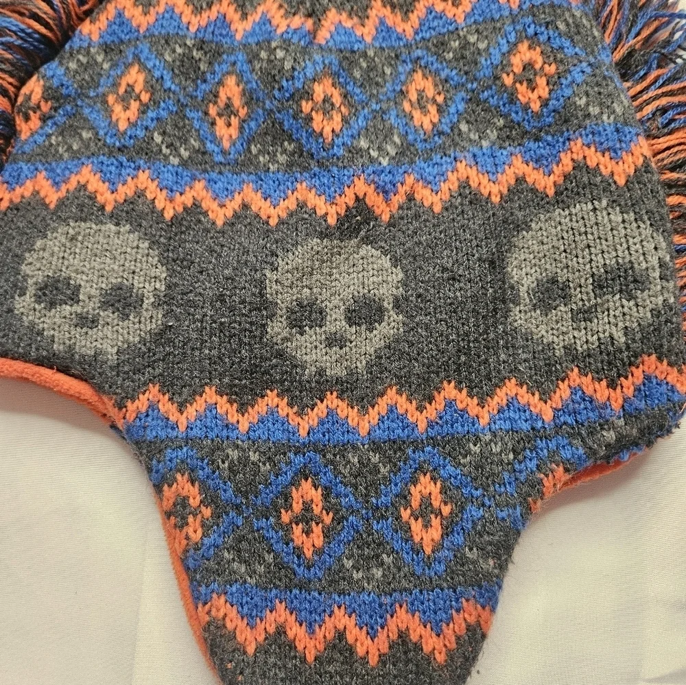 Unbranded Boys Gray, Blue And Orange Skull Mohawked Winter Hat With Ear Flaps - Picture 2 of 8